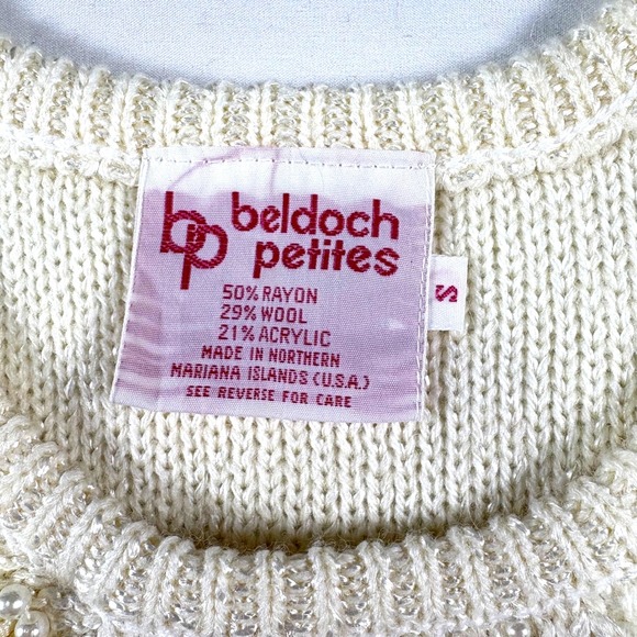 Vintage Beldoch Petite Cable Wool Sweater S Pearl Ribbon Ballet Coquette Dainty - Picture 4 of 10
